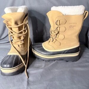 Sorel Caribou Waterproof Winter Snow Boots Women Size 8 Tan Black Sherpa Lined